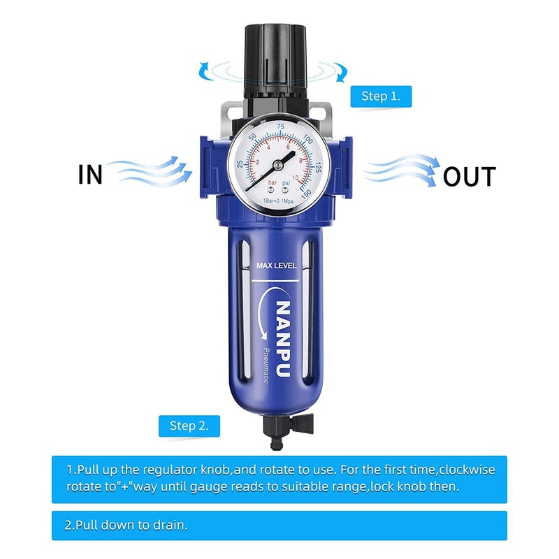 NANPU 1/2" NPT Compressed Air Filter Regulator, Zinc Alloy, 5 Micron Brass Element, 0-150 psi Gauge, Quick Release Bowl, Manual Drain, Metal Bracket - Image 4